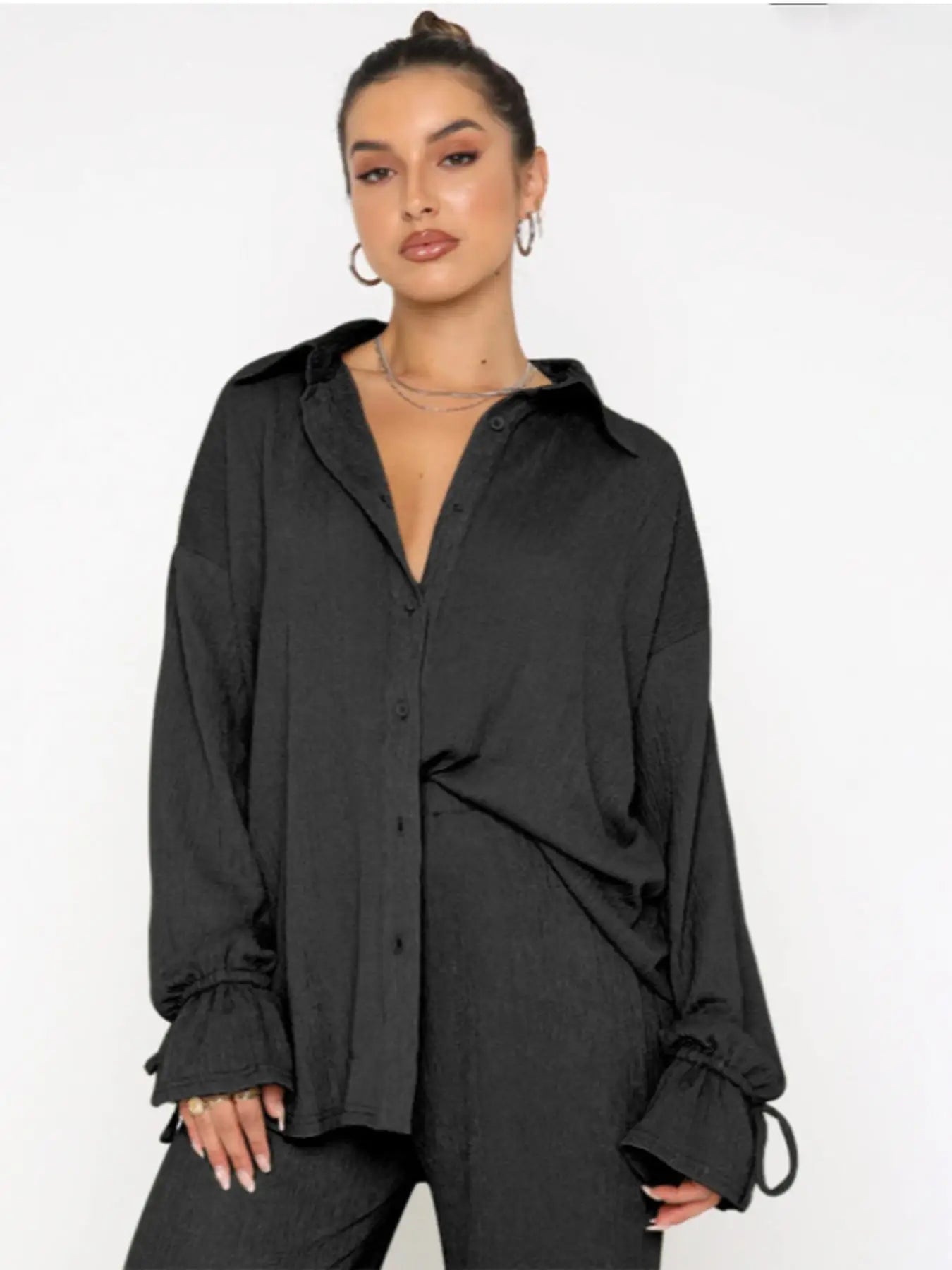 2026 SPRING SUMMER WOMEN'S SOLID COLOR TWO-PIECE SET, RUFFLE SLEEVE SHIRT MATCHED WITH SLIT PANTS, COMFY OUTFIT FOR DAILY CASUAL
