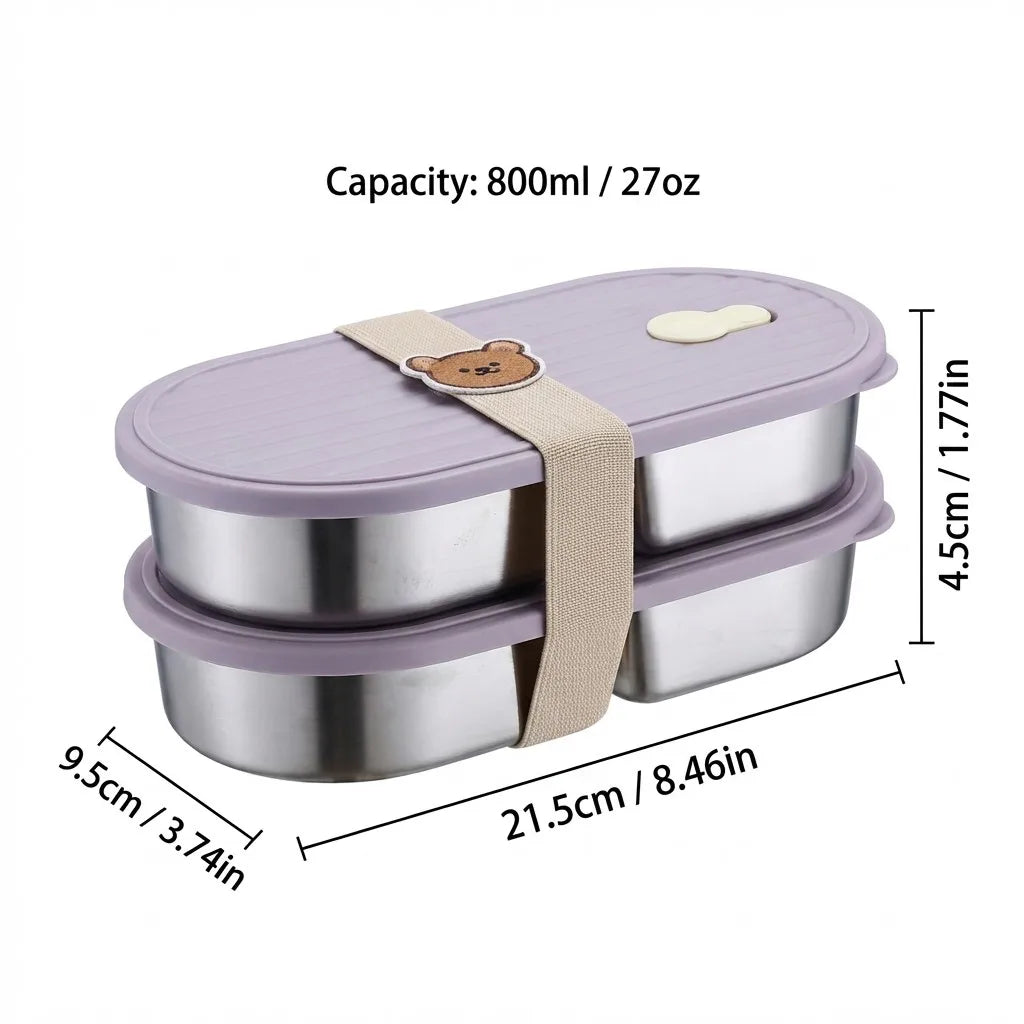Microwaveable 304 Stainless Steel Bento Box Oval Divided Lunch Box 2 Grids Food Storage Container For Kids Students School