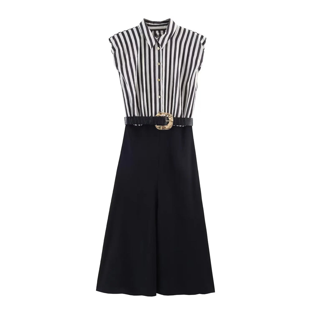 KONDALA Chic Striped Patchwork Modern Woman Belt Long Dress Buttons Spring Fashion 2026 Dress Elegant Sleeveless Female Vestidos