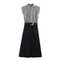 KONDALA Chic Striped Patchwork Modern Woman Belt Long Dress Buttons Spring Fashion 2026 Dress Elegant Sleeveless Female Vestidos