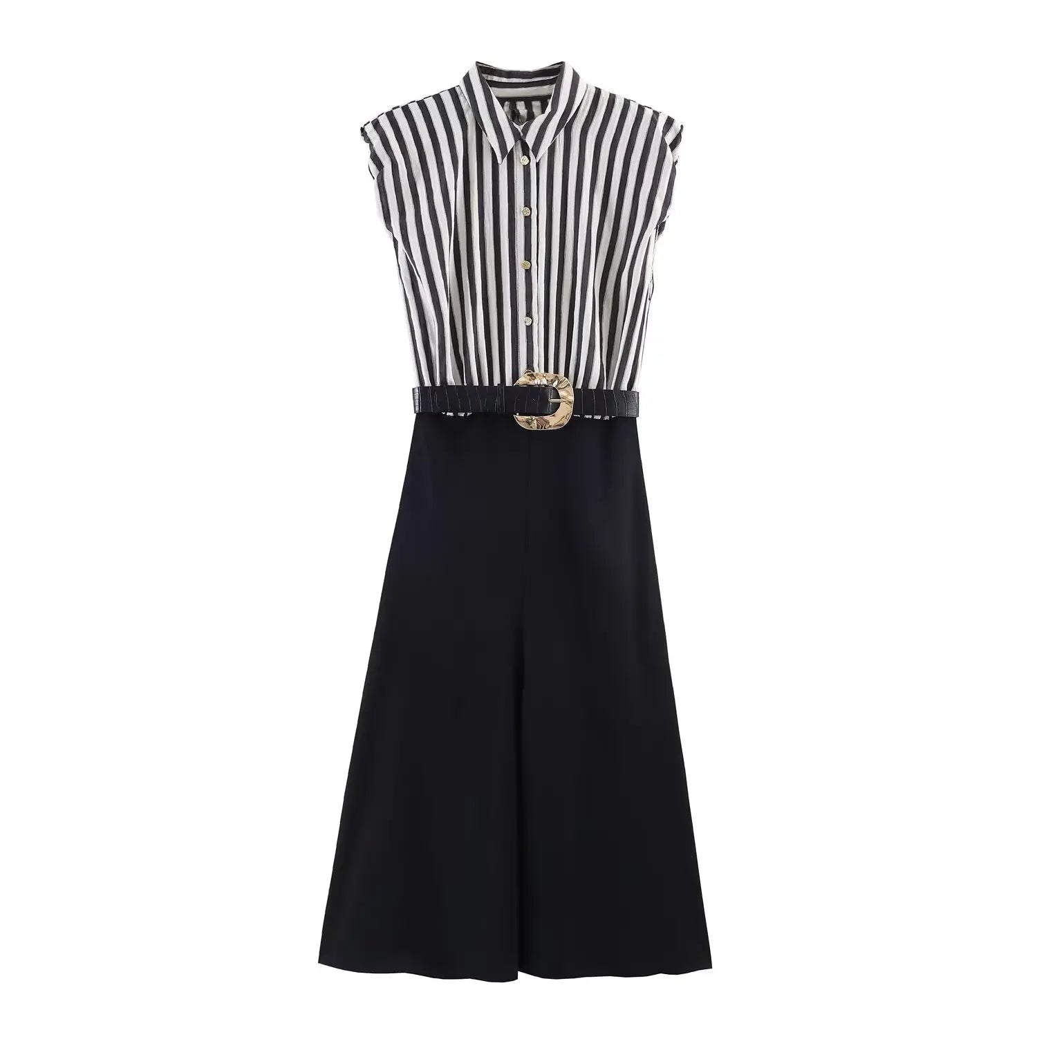KONDALA Chic Striped Patchwork Modern Woman Belt Long Dress Buttons Spring Fashion 2026 Dress Elegant Sleeveless Female Vestidos