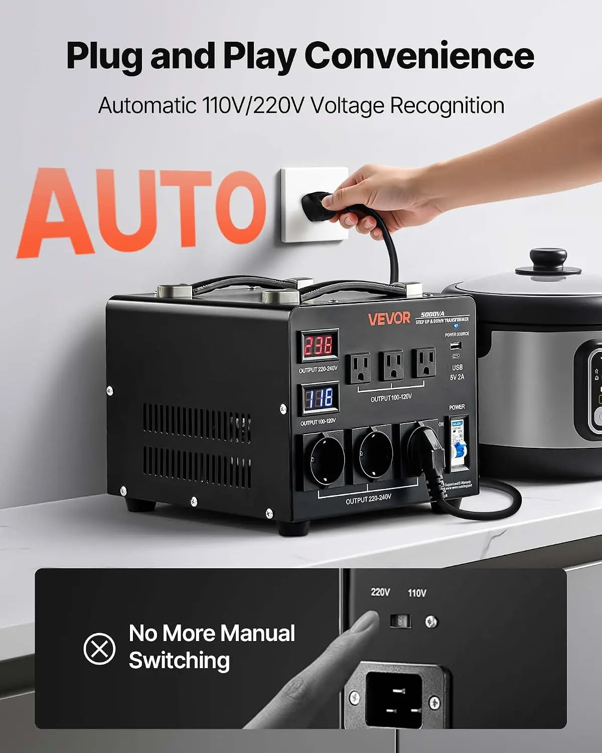 Voltage Auto Converter Transformer, 5000VA, Heavy Duty Step Up/Down Power Transformer, 110V to 220V and 220V to 110V, with 3 US