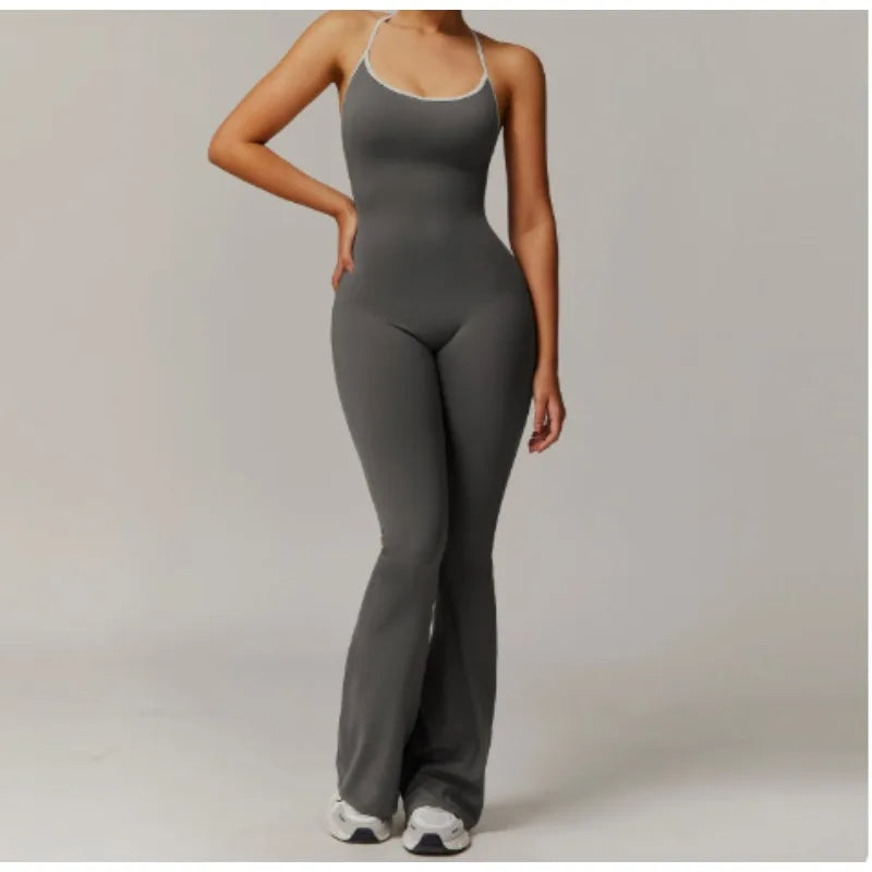 Summer V Back One-piece Suit Women Sports Jumpsuit  Yoga Rompers Backless Sportswear Women Sleeveles Workout Bodysuits