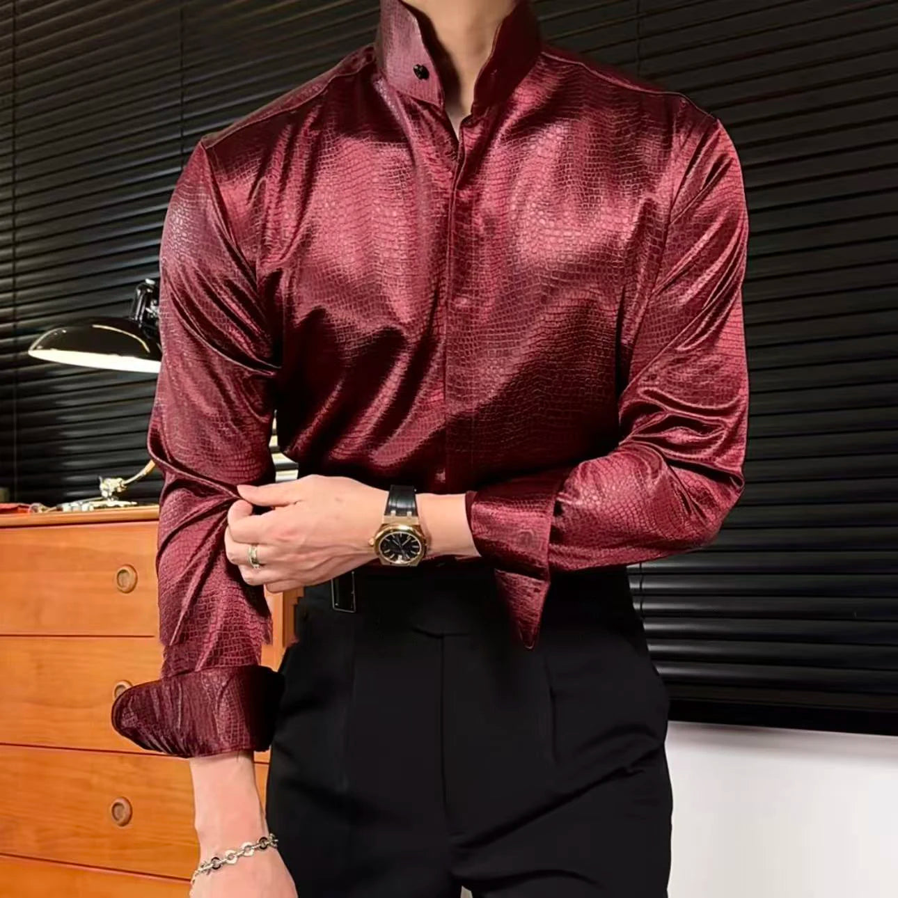 Stand Collar Men Shirt Office Long Sleeve Shirt Streetwear Leopard Print Shirt Social Business Shirt Men Camisa Social Masculina