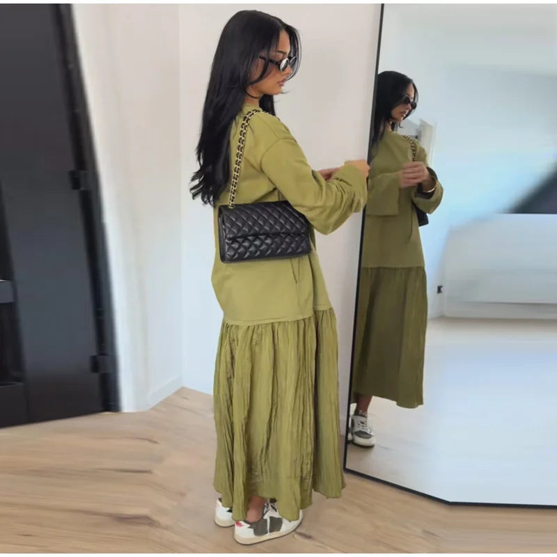 Solid Color Loose Fit Flare Sleeve Tiered Dress Crew Neck Ruffle Hem Pleated Long Maxi Dresses 2026 Spring Chic Casual Outwear