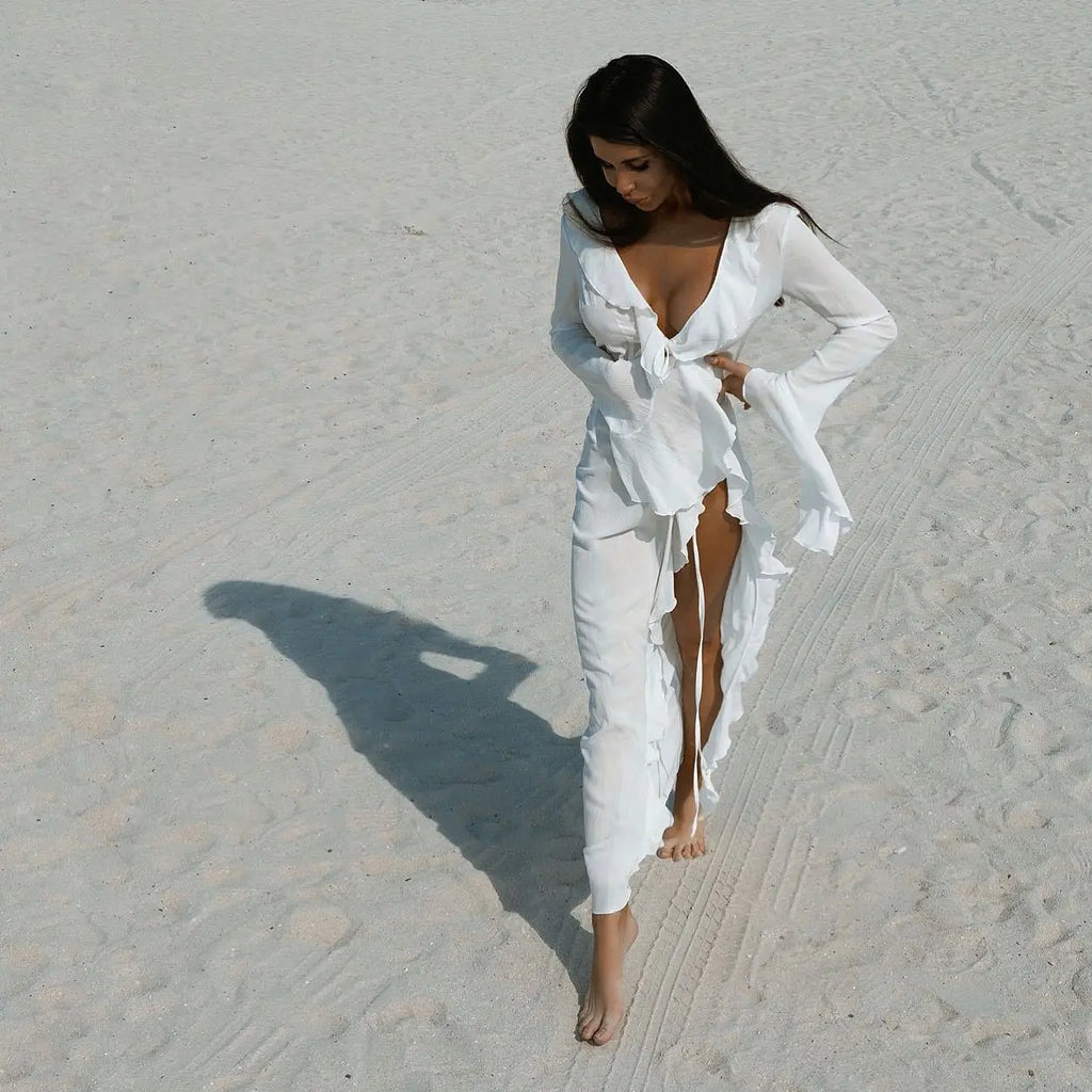 New Chiffon Tunic Beach Cover Up Cover-ups Dress Sunscreen Beachwear Womens Clothing Sexy V Neck Ruffled Long Sleeve Black White