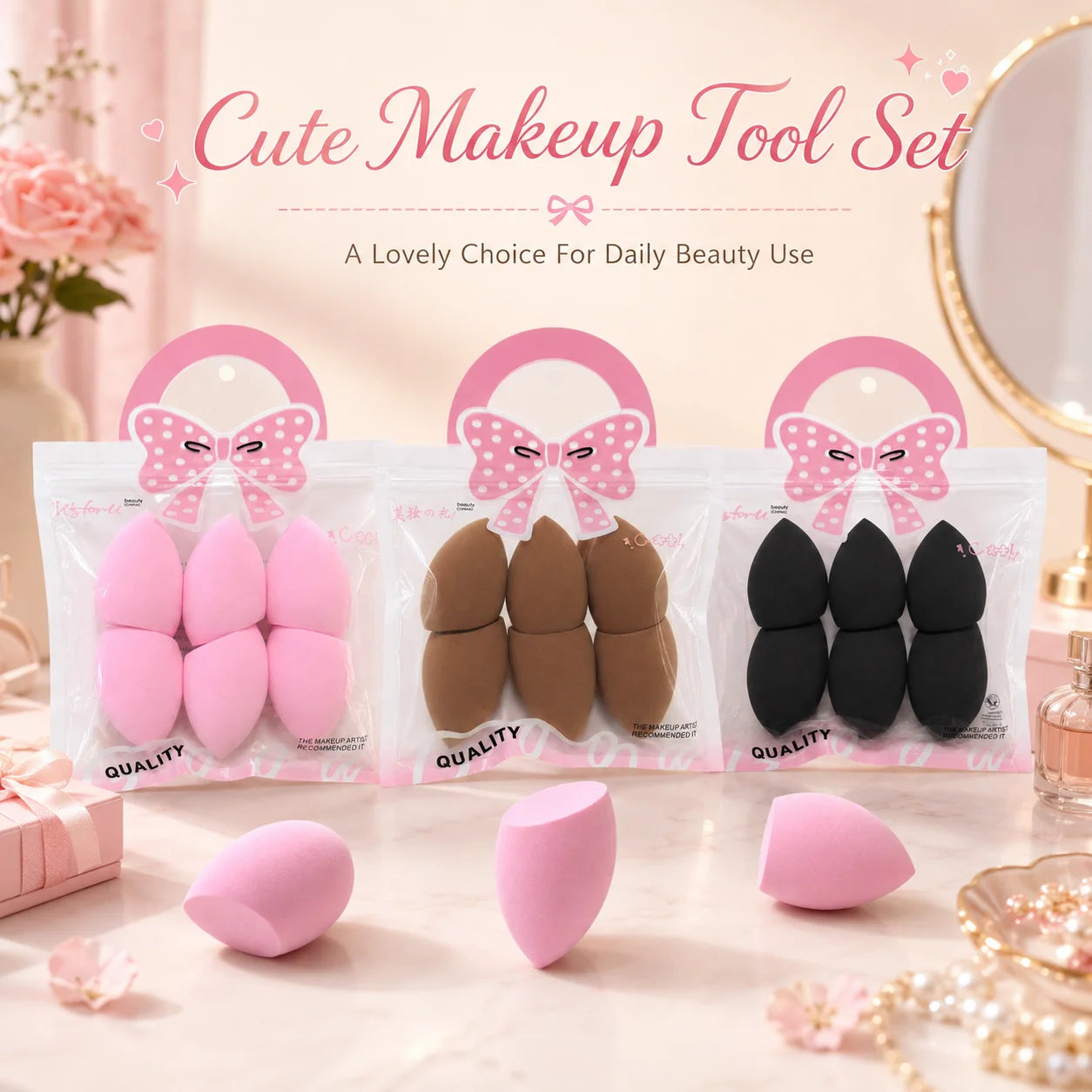 6 Beauty Egg Sets, Easily Smudge the Foundation and conceal the Blemishes, and Evenly Apply Makeup on the Curved Section.