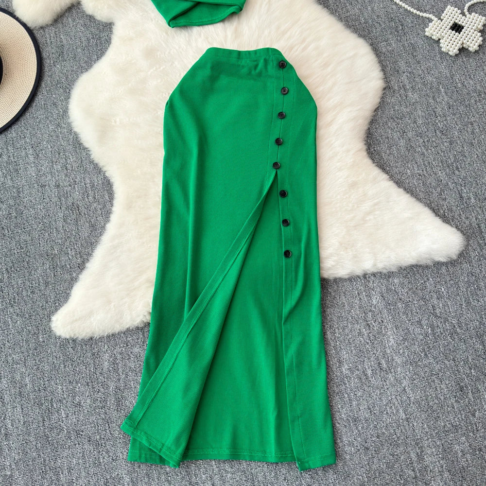 Sexy two Pieces Sets Chic Elegant  v neck slip camis with High Waist Hip Wrap Single Breasted split summer sweet Full Skir