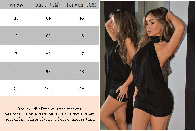 Women's Summer Solid Color Back Hollow Out Backless Lace Up Slim Mini Dress, Neck Hanging Dress
