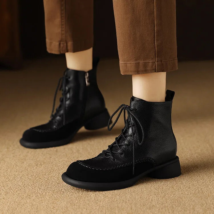 New Autumn Winter Genuine Leather Women Boots Fashion Lace Ankle Boot for Women Short Boots Shoes Chunky Heel Botines Mujer