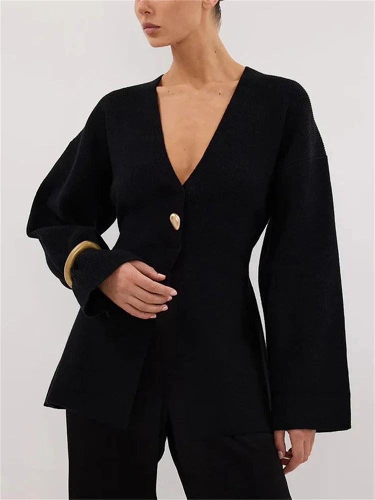 White Knitwear Sweater Cardigan Female Elegant V-Neck Commute Solid Long Sleeve Slim Outwear Women's Knit Cardigan Coat