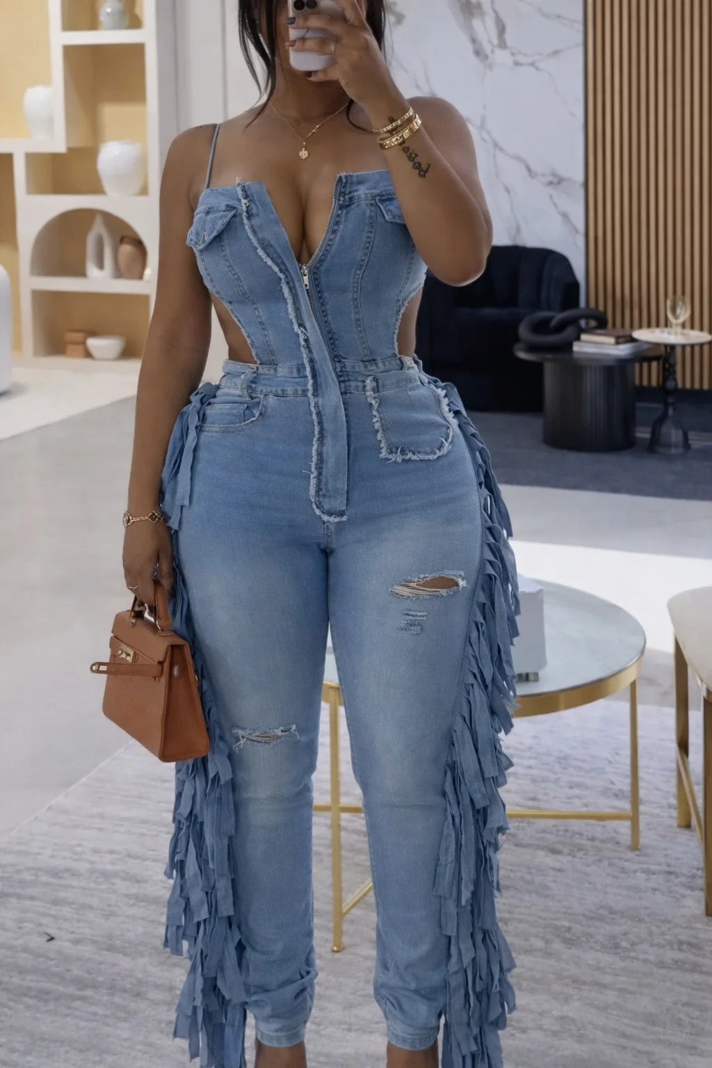 FAGADOER Fashion Hollow-out Bodycon Denim Jumpsuit Women Spaghetti Strap Tassel Patchwork Rompers Female Streetwear Overalls New