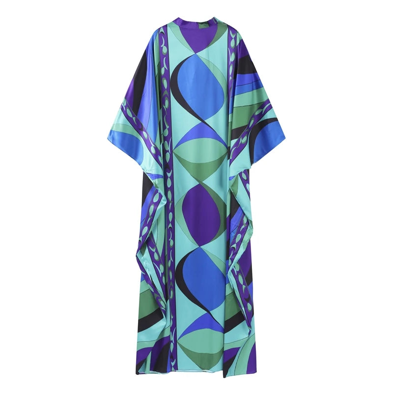 Casual Vacation Long Puff Sleeve V-neck Beach Dresses Fashion Printed Oversize Maxi Dress Women Lady Summer Bohemia Party Robes