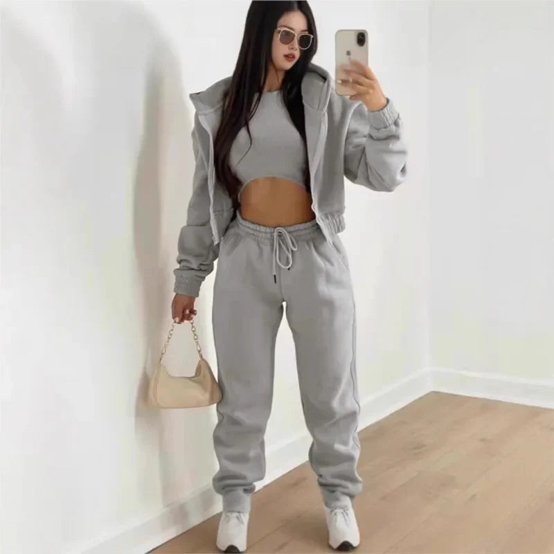 Women's 3 Piece Sets Suit Casual Long Sleeve Zip Hoodies Tank High Waist Sweatpants Jogger Pant Suits Sporty Three Pieces Outfit