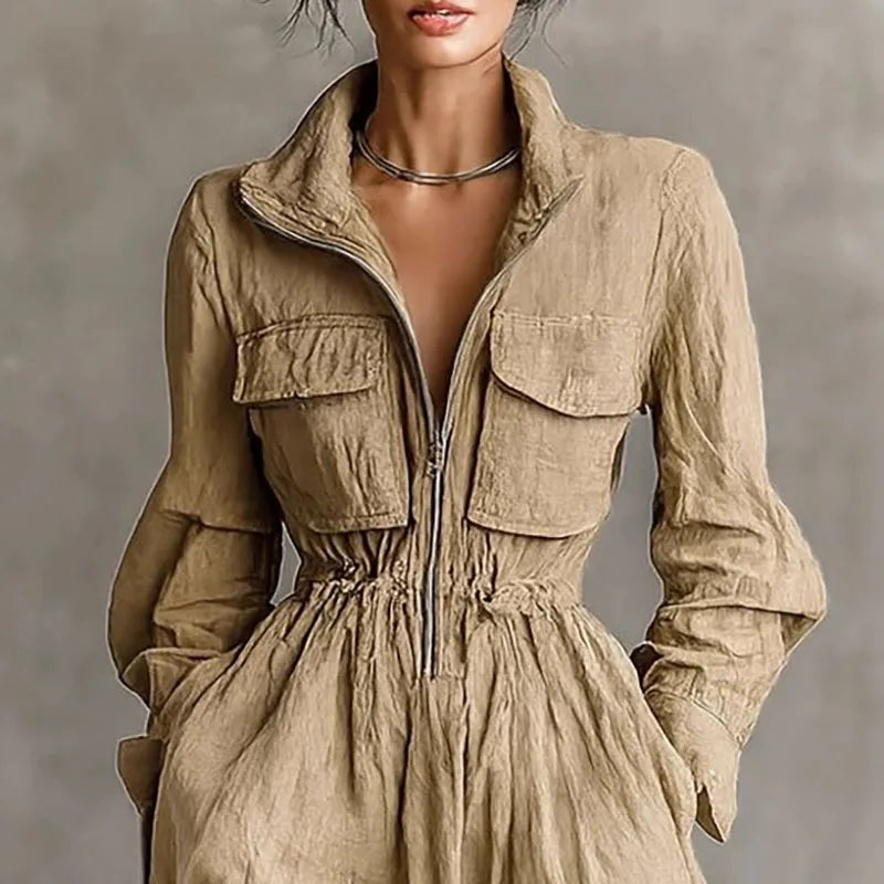 Women Lapel Zip Cargo Pocket Long Dress New Spring Solid Cotton Linen Maxi Dress Fall Long Sleeve Elastic Waist Loose Boho Dress