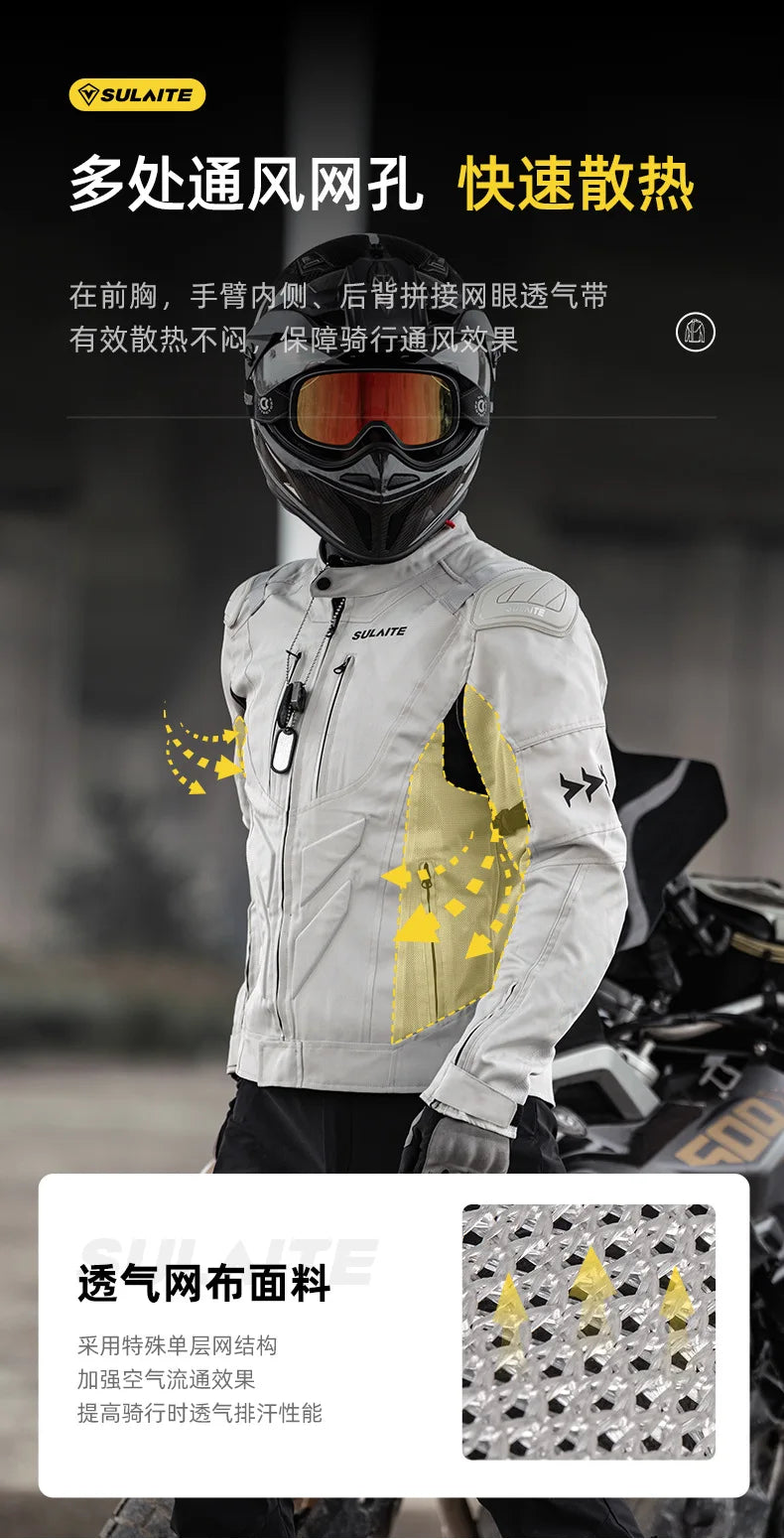SULAITE Summer Motorcycle Jacket Suit Breathable Riding Gear Protective Racing Coat Motorbike Equipment for Men