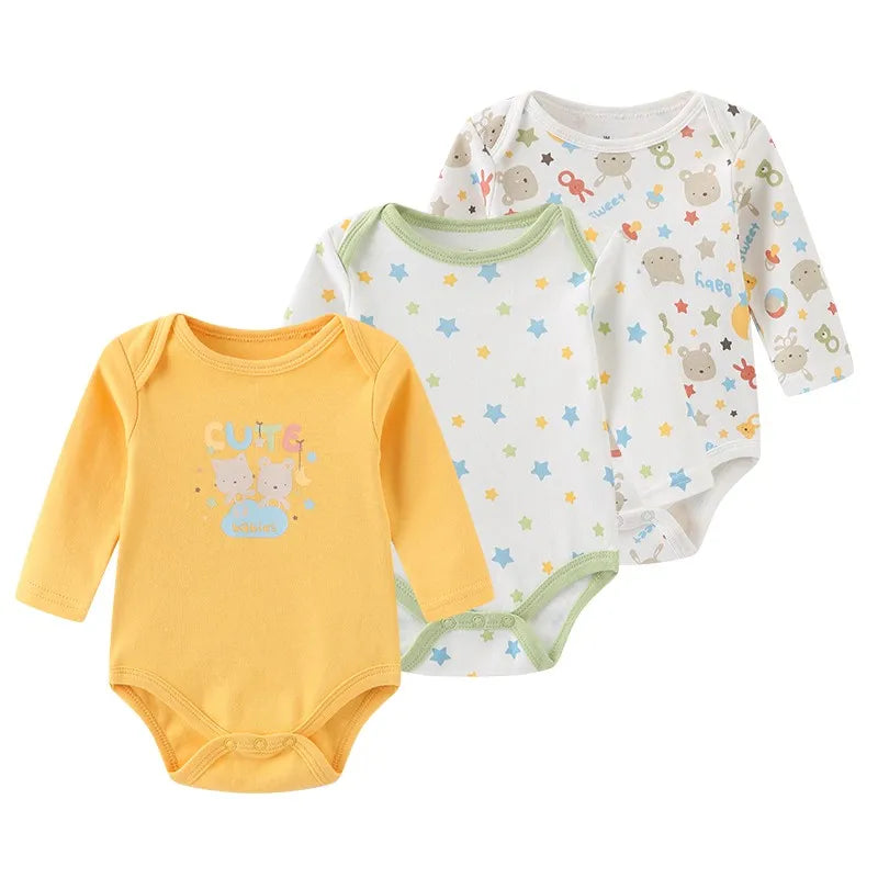 100% Cotton Jumpsuits 3Pieces Newborn Baby Boy Clothes Cartoon Bodysuit Print Long Sleeve Baby Girls Clothes 0-12M Spring Autumn