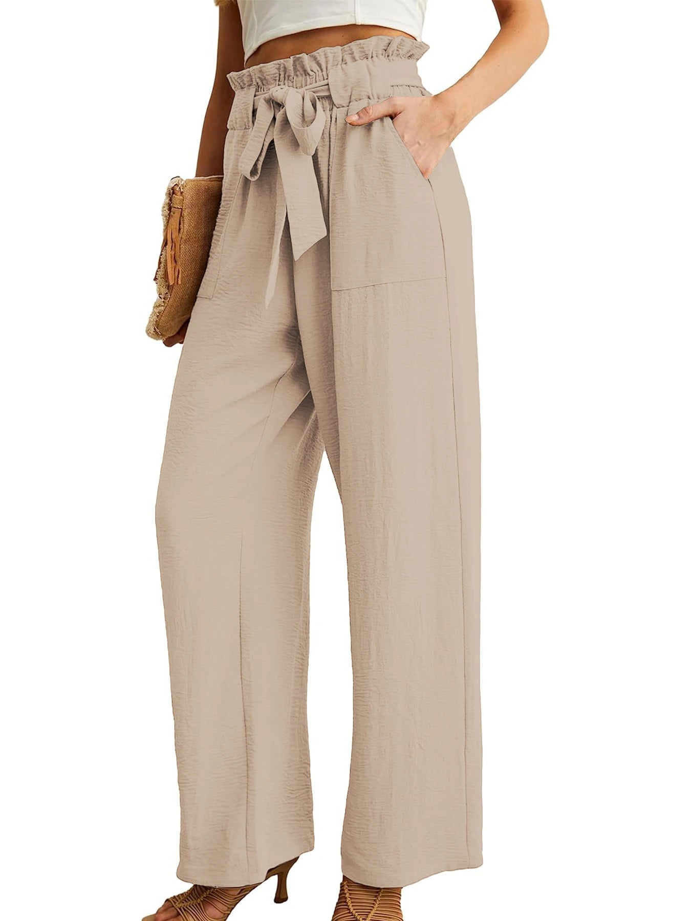 Women's High Waist Wide Leg Casual Pants with Pockets Adjustable Drawstring Loose Slimming Comfortable for Vacation