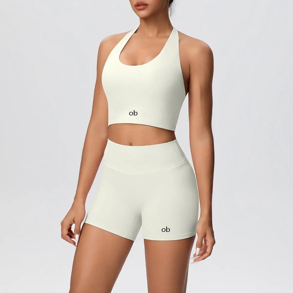 New solid-color double-sided brushed tight-fitting neckless short pants yoga set for exercise, running and fitness two-piece set