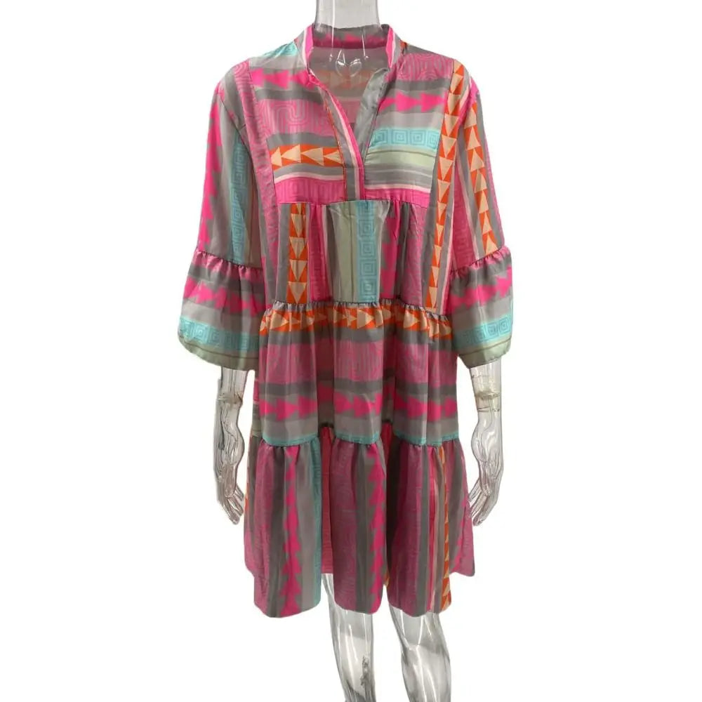 Knee Length Printed Dress Printed Design Breathable Three Quarter Sleeve Dress Loose Fit Comfortable V-Neck Dress Women Wear