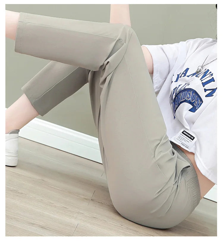 New Women'S Fashion Loose Summer Thin Ice Silk Pants Mom'S Casual High Waist Comfortable Versatile Sports 9-Point Trousers