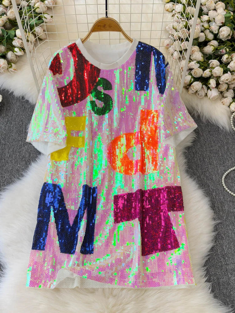 Korean version medium to long loose and lazy T-shirt women half sleeved paired round neck sequined letter top dance outfit