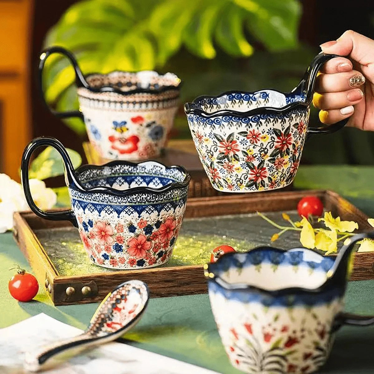 1pc, Bohemian Style Ceramic Cup, with Handle for Easy Removal, Coffee Cup, Afternoon Tea Cup, Breakfast Cup, Milk Cup