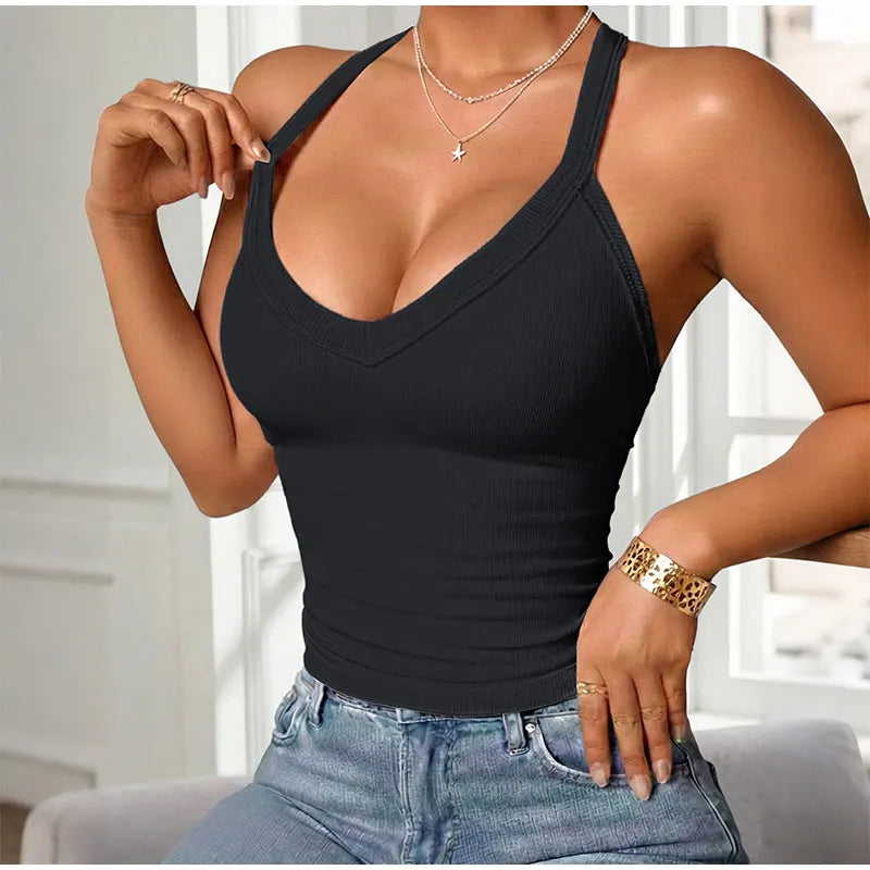 Lady Sexy V-neck Camisole Halter Top With Built In Bra Tank Tops Casual Summer Cotton Padded Sport Vest Breathable Hot Girl Vest