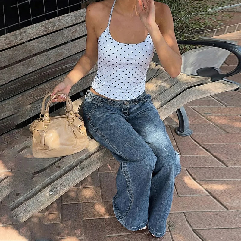 Fashion Polka Dot Halter Neck Tank Top Women Slim Fit Thin Strap Sleeveless Casual Summer Camisole