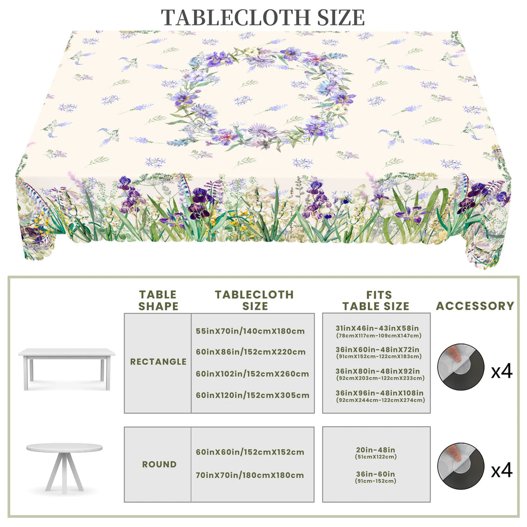 1 Piece of Fresh Spring-Themed Round and Rectangular Tablecloth, Available in Various Sizes, with a Print Featuring Delicate Purple Iris and Vibrant Green Grass, Fine Blue Floral Clusters, and Faintly Patterned Branches and L