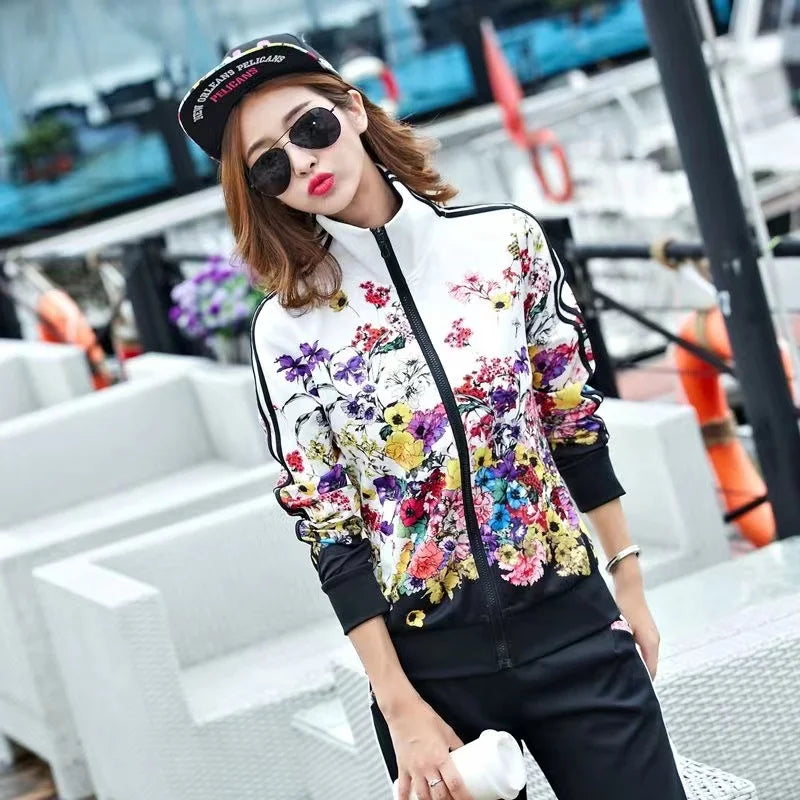 2024 Women's Casual Sports Suits Spring New Print Jacket+Lenght Pants Two Sets Lady Sportswear Suit racksuits Set 6XL