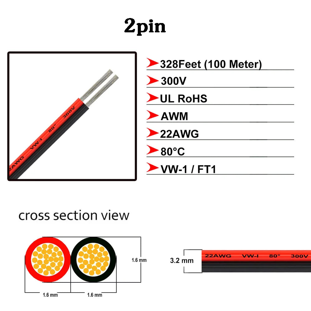 22 AWG 2Pin 3Pin 4Pin 5Pin 6Pin Electronic Cable Extension Wire for 5050 3528 COB RGBW RGB CCT RGBWW RGBCCT LED Strip Lights Car