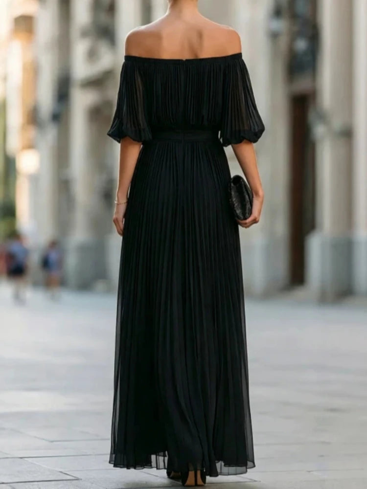 Elegant Women's Long Dress Off-the-shoulder Chiffon Evening Dress Sexy Ruched Slit Flowing Skirt Fashionable Party Holiday Dress
