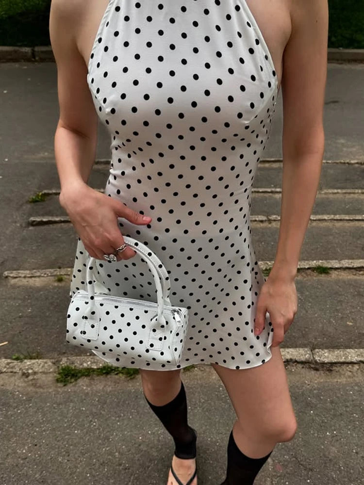 Polka Dots Print Halter Lace-up Dress Women's Sexy Backless Sleeveless Mini Dresses 2026 Spring New Female Fashion Street Robes