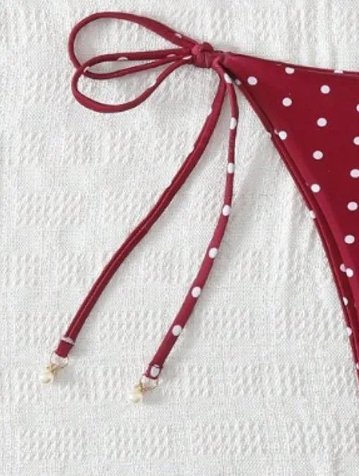Women Retro Red Polka Dot Halter Bikini Set Adjustable Tie Triangle Two Piece Swimsuit Removable Pad Brazilian  Swimwear S-XL