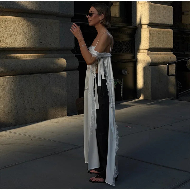 Fashion Solid Lace Patchwork Women's Dress Sleeveless High Side Split Lace Up Hollow Out Sling Dresses 2026 Summer Female Robe