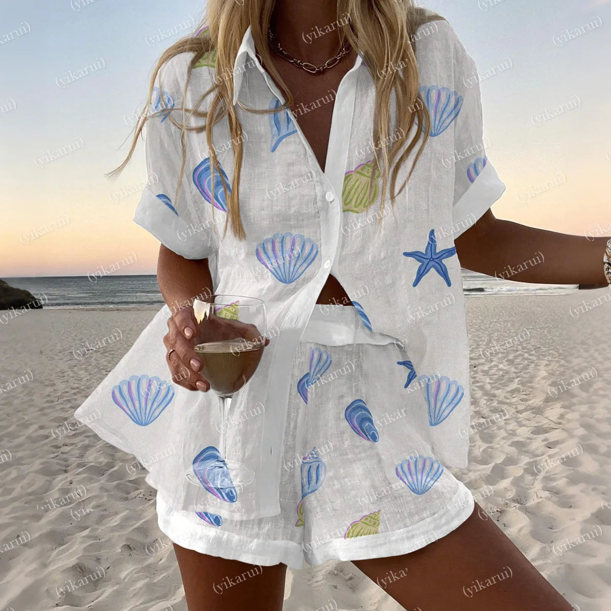 Summer Fashion Print Beach Holiday 2-Piece Set Women Short Sleeve Shirt Top + Wide Legs Short Women's Oversized Two-Piece Outfit