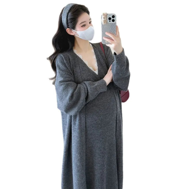 Maternity Suit  Autumn High-End Lazy Style Versatile Long Coat And Lace Paneled V Neck Straight Tank Dress Two Piece Set