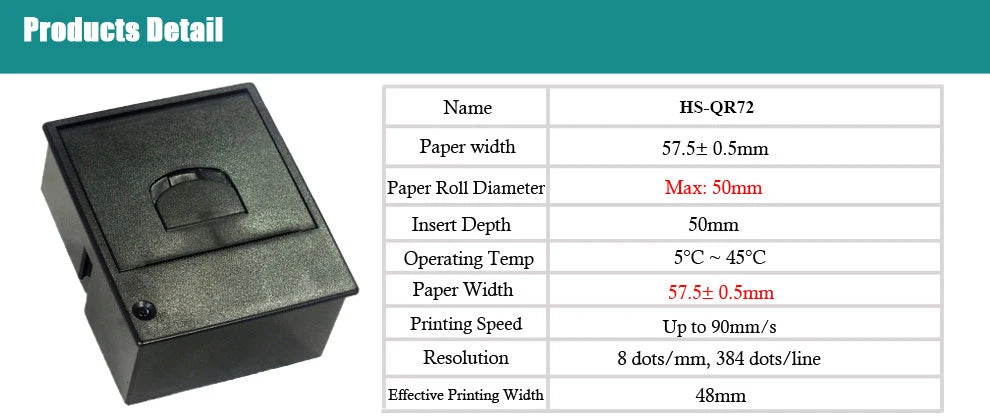 HSPOS QR72 58mm Panel Embedded Printer RS232 TTL 82x58mm DC5-12V 50mm Roll 5M MCBF for Kiosk Vending Machine POS Cash Register