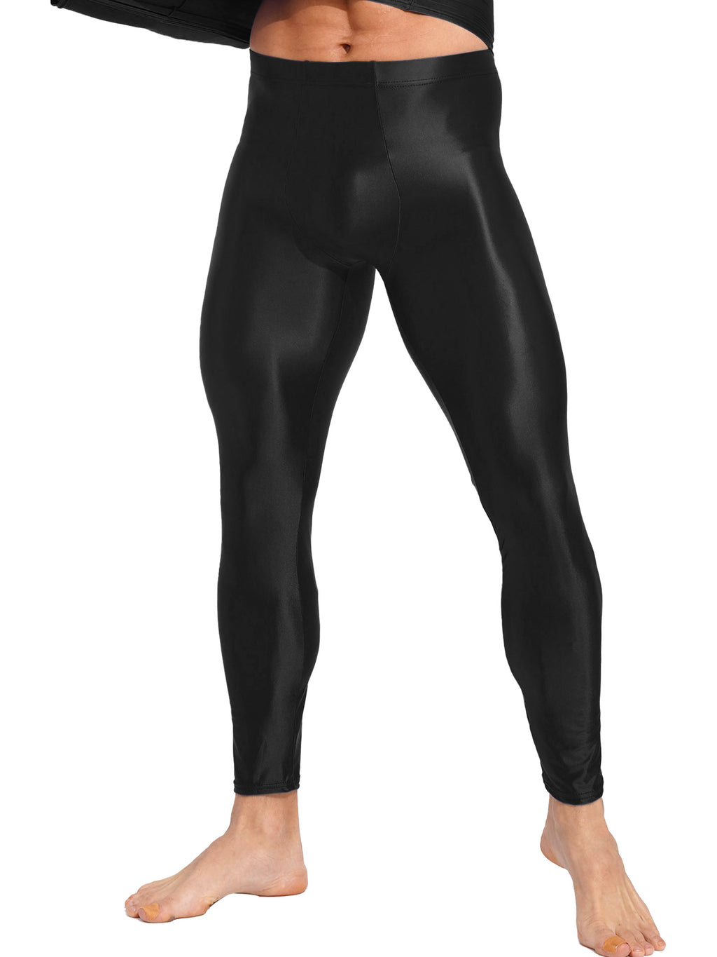 Men Elastic Waistband Skinny Shiny Yoga Tights Pants Solid Color Leggings Exercise Running Gym Fitness Training Sportswear