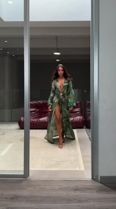 Animal Print Wrap Maxi Dress V Neck Sleeve Twist Waist High Slit Long Gowns Women's Resort Vacation Party Robes 2026 New Arrival