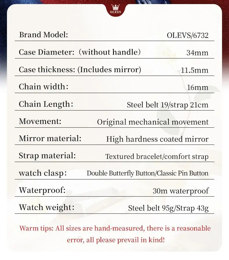 OLEVS 6732 Women's Watches Elegant Rose Gold Stainless Steel Hollowed Diamond Dial Automatic Mechancial Watch Gift Box for Women