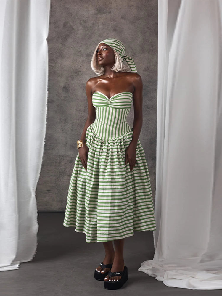 Fashion Striped Strapless Slim Fitting Dress Women Lace Up Waist-cinching Chic Maxi Dresses 2026 New Birthday Party Evening Gown