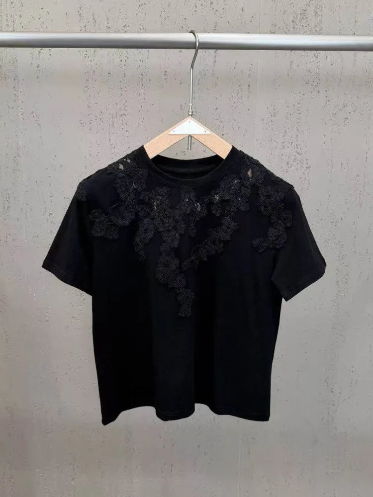 New 2026 Summer Women Casual T Shirts Short Sleeve Spliced Lace Embroidery Solid Color Ladies Fashion O Neck Pullover Tees Tops