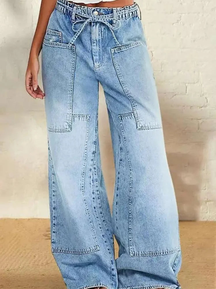 【HME】Jeans | Drawstring Elastic High Waist Denim Pants, Cargo Patch Pockets With Contrast Stitching Wide Leg Denim, Light Wash Vintage Fabric, Relaxed Fit Flattering Pants For Women Daily Commute & Streetwear