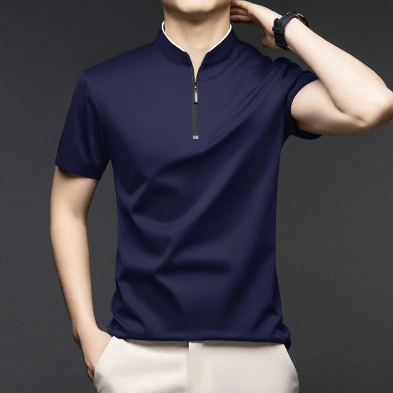 2025 New Men's Casual Fashion Zipper Solid Color Short Sleeved Polo Shirt Stand Up Collar Versatile Comfortable Top