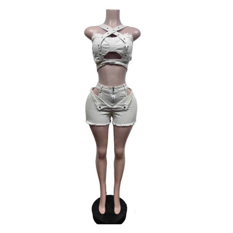 2 Piece Sets Women Denim Shorts Suit Sexy Vest Top Strap Backless Jeans Short Pants Pockets Outfits 2025 Streetwear Ensemble