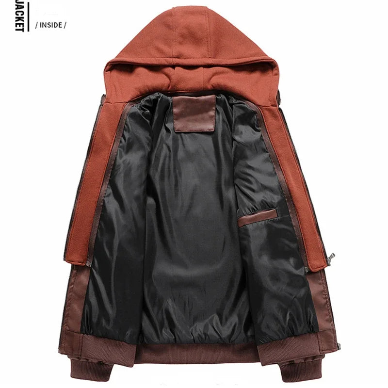 New Men's Hooded Leather Jackets Autumn Winter Casual Zipper Motorcycle PU Jacket Biker Leather Coat Hat Detachable Punk Outwear