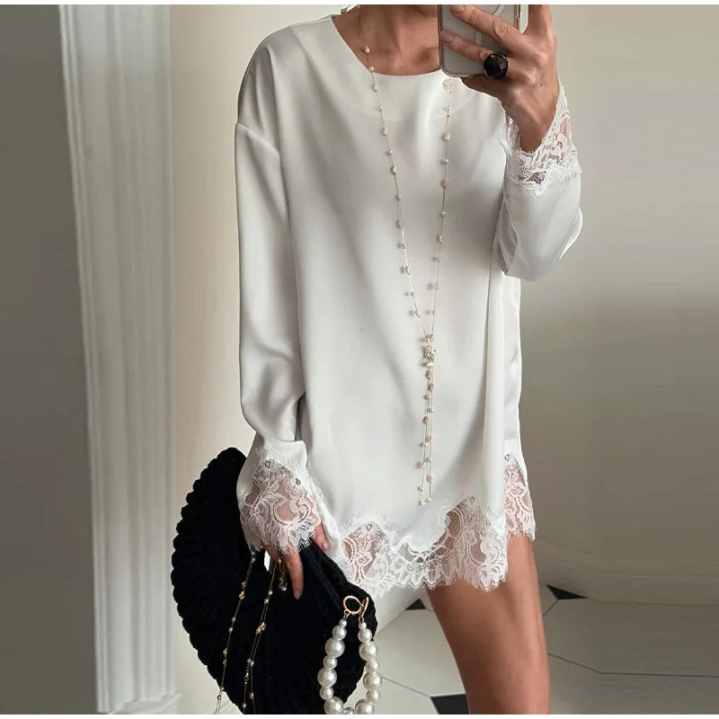 Elegant Lace Loose Dress Women Solid O-neck Full Sleeve Patchwork Dresses Female 2026 Summer White Robe Lady