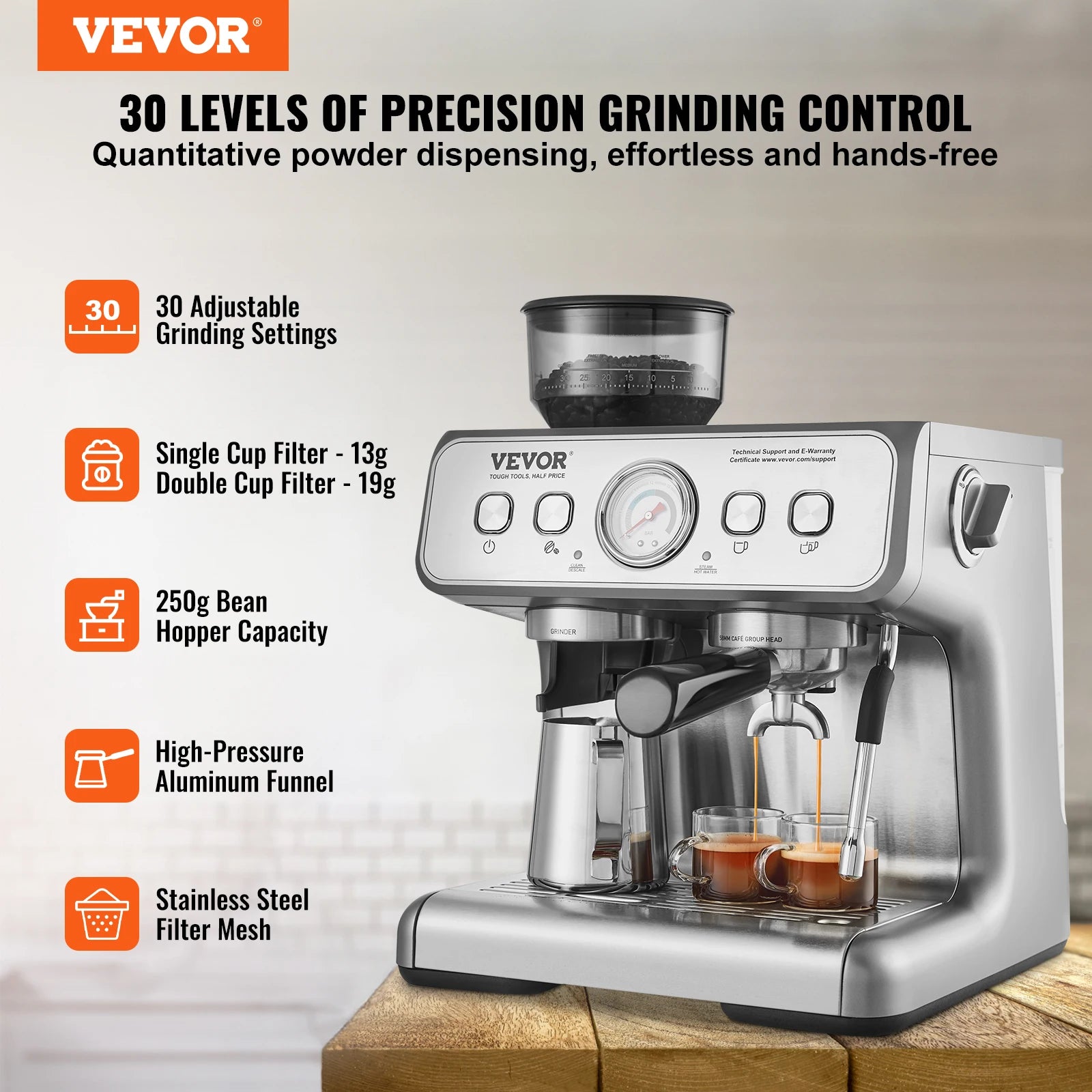 SucceBuy Espresso Machine with Grinder 15 Bar Semi-Automatic Espresso Coffee Maker with Milk Frother Steam Wand